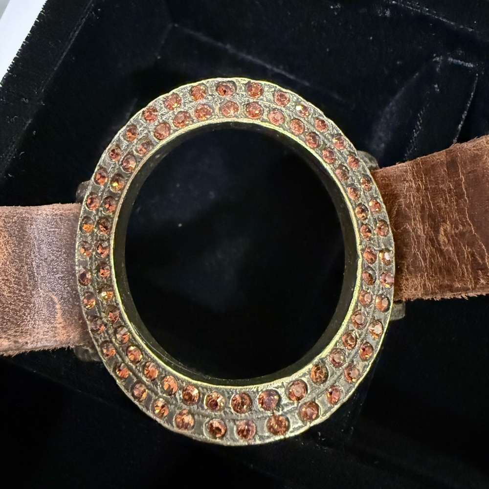 Rebel Antique Brass, Italian leather and Swarovski Crystal Cuff Bracelet
